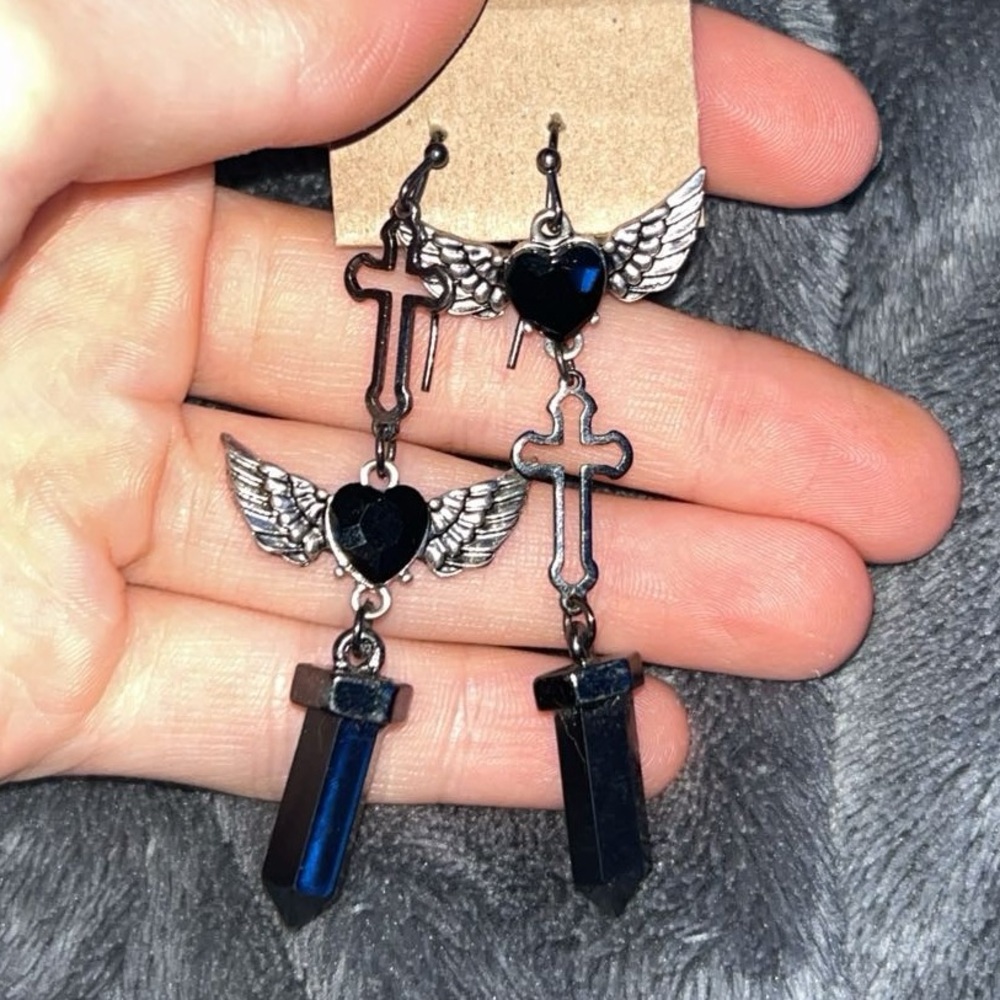 1 pair black, silver heart cross earrings perfect condition alt style jewelry